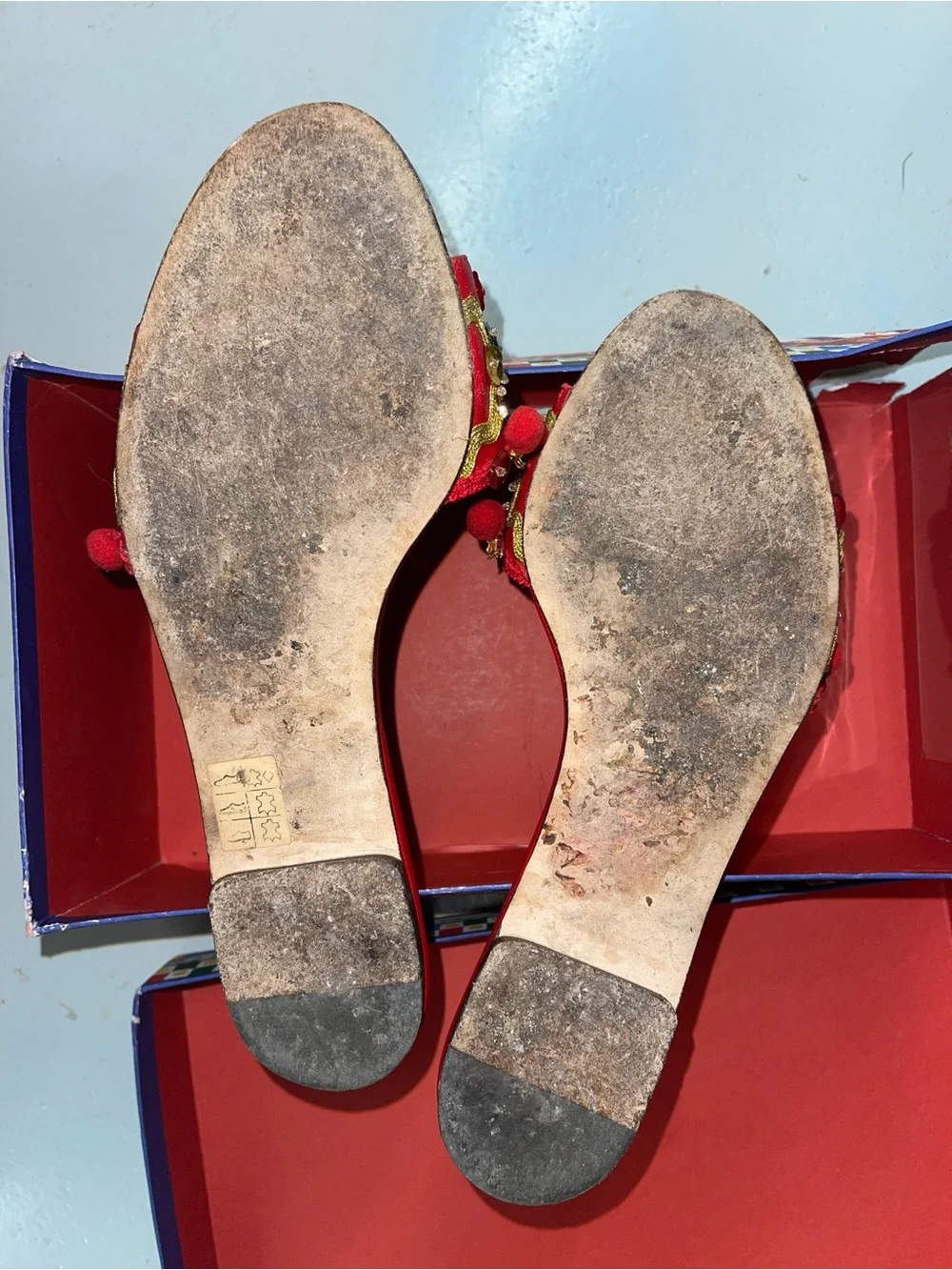 Statement Piece Dolce & Gabbana Red Embellished Pom-Pom Slide Mules - Picture 9 of 10